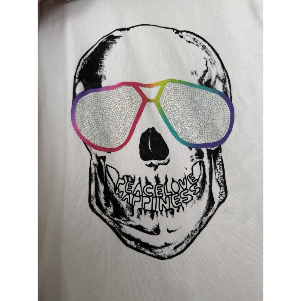 Lauren Moshi Women White Cotton Hoodie Skull Peace Love Graphic Zip Size Large - Picture 7 of 10